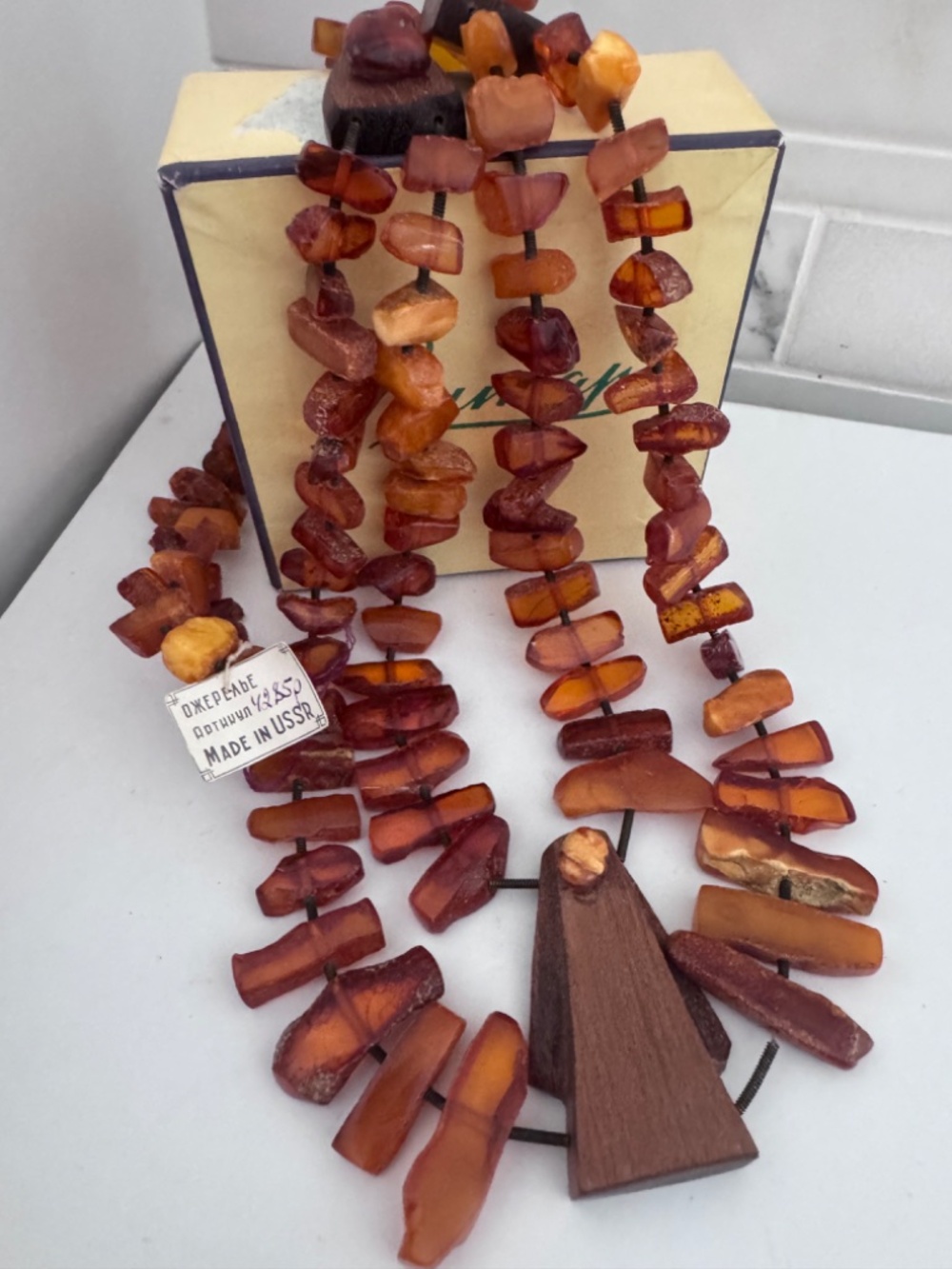 Vintage Baltic Amber Necklace wood Pendant Honey Butterscotch Expo67 USSR Soviet